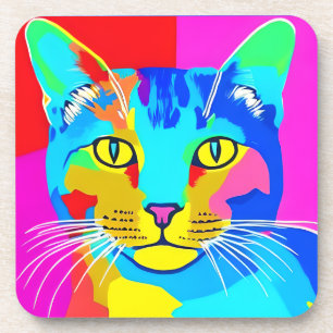 Posavasos Retrato de gato de arte pop multicolor