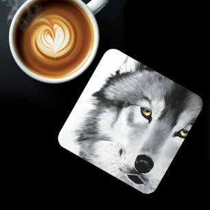 Posavasos Retrato de lobo blanco negro