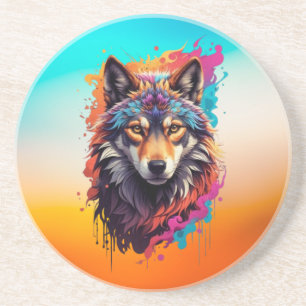 Posavasos Retrato de Lobo Colorido Arte de Animal Abstracto-