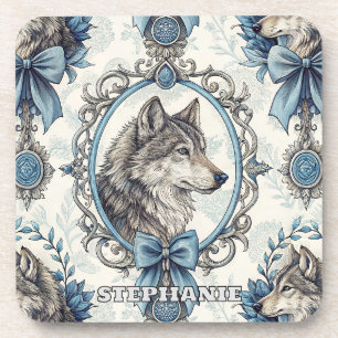 Posavasos Retrato de lobo de invierno en marco azul y gris o