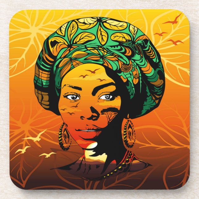 Posavasos Retrato de mujer africana con puesta de sol (Frente)