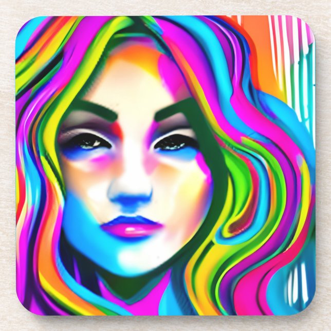 Posavasos Retrato retro de una mujer con cabello arcoíris (Frente)