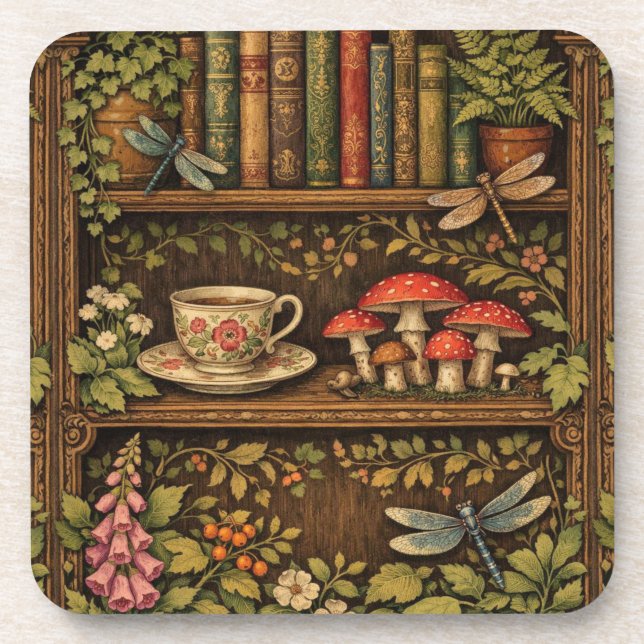 Posavasos Retro book shelf mushrooms coffee floral  (Frente)