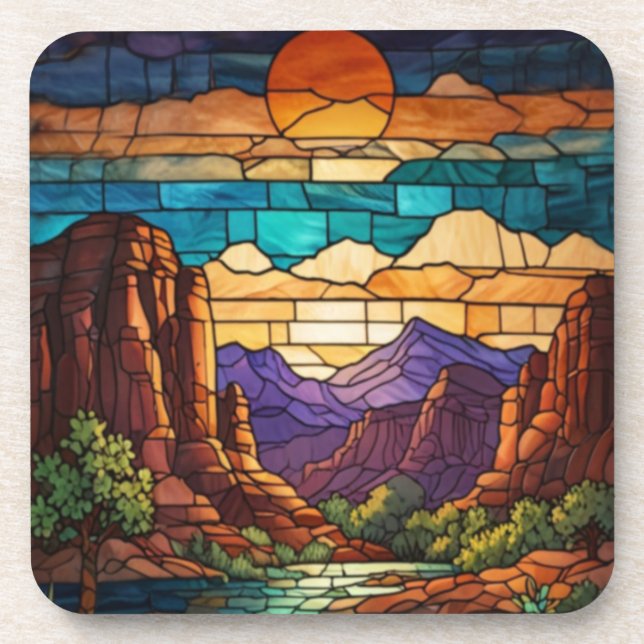 Posavasos Retro desert scene Sedona mountains stainglass art (Frente)
