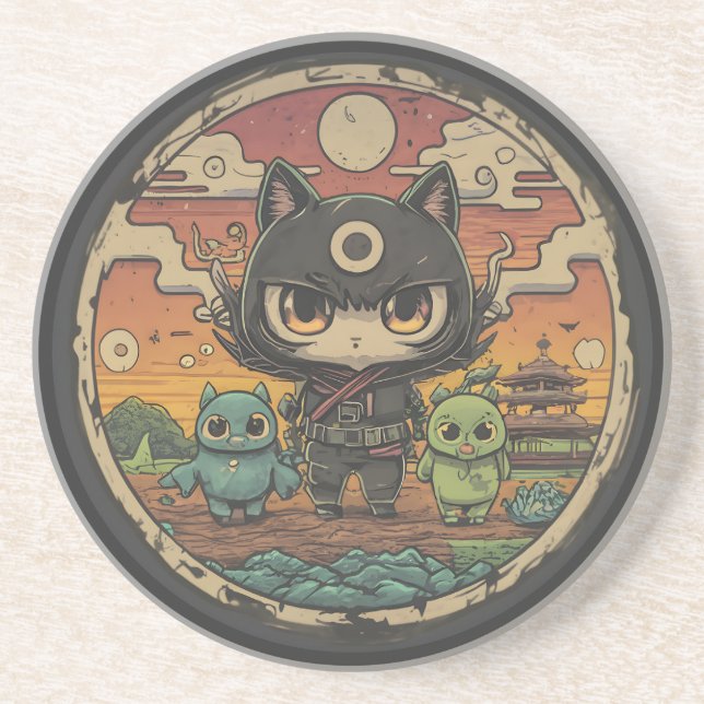 Posavasos Retro Island Pals: Gato Ninja (Frente)