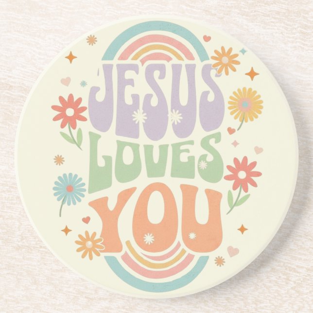 Posavasos Retro Pastel “Jesus Loves You” Christian Design –  (Frente)