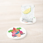 Posavasos Retro Surfer Flamingo Beach Party Vibe<br><div class="desc">Kick back and channel beach-day vibes with this colorful flamingo coaster design, featuring a chill tropical scene with a surfboard, palm trees and relaxed retro flair. The retro-inspired artwork adds a pop of personality to your summer bar setup, patio table, or beach house decor. A fun and functional accent for...</div>