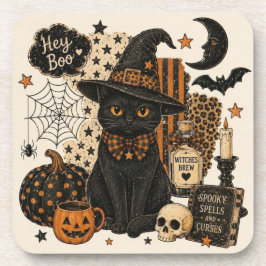 Posavasos Retro Vintage Halloween Gato Negro Bruja Sombrero
