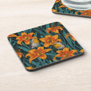 Posavasos Robins y flores de lirio, naranja y azul