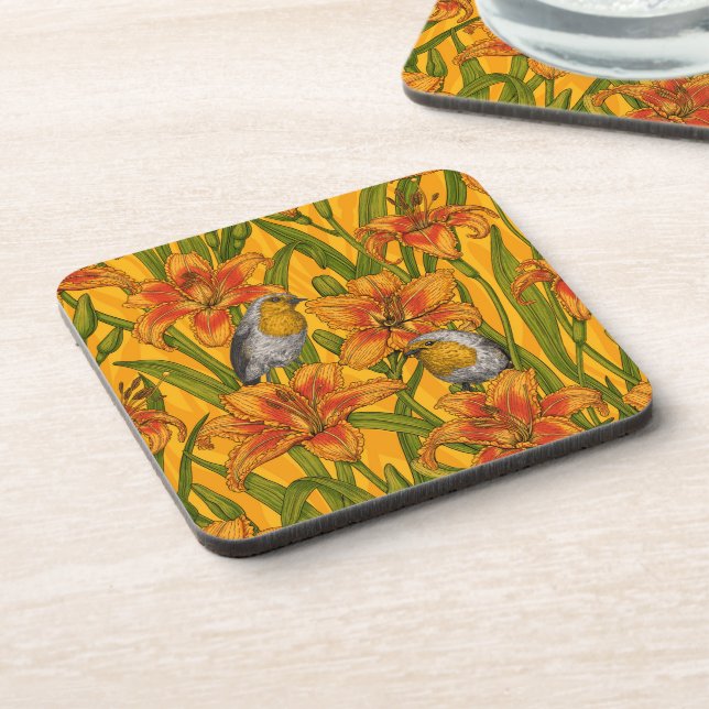 Posavasos Robins y flores de lirio, naranja y verde (Lado Izquierdo)