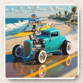 Posavasos robot vintage con tabla de surf , en la playa