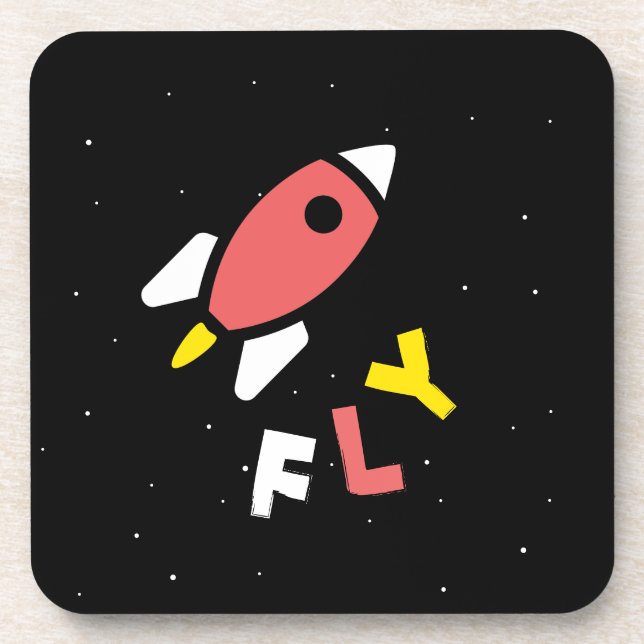 Posavasos Rocket - Arte pop abstracto rojo y amarillo. ¡FLY! (Frente)