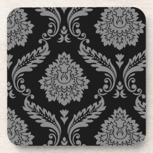 Posavasos Rococó Damask Patrón Desplazado Gris sobre Negro