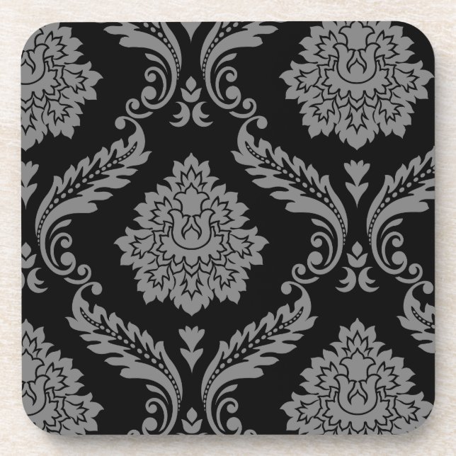 Posavasos Rococó Damask Patrón Desplazado Gris sobre Negro (Frente)