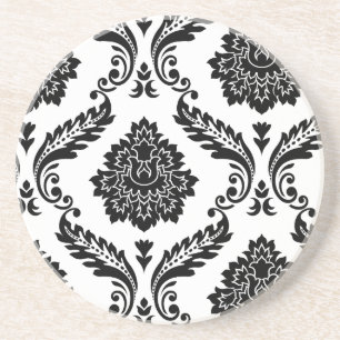 Posavasos Rococo Damask Patrón Desplazado Negro sobre Blanco