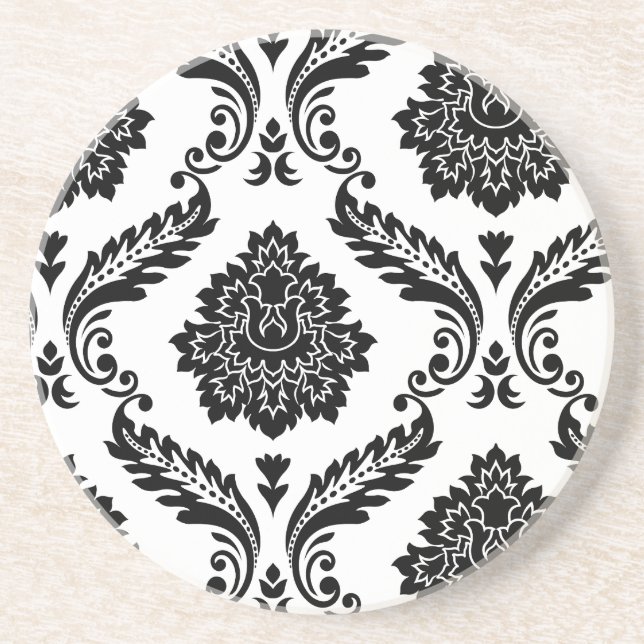 Posavasos Rococo Damask Patrón Desplazado Negro sobre Blanco (Frente)