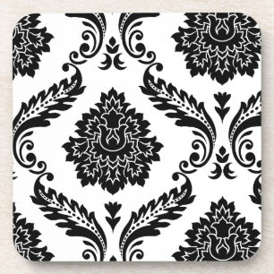Posavasos Rococo Damask Patrón Desplazado Negro sobre Blanco