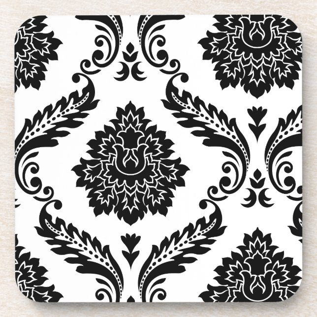 Posavasos Rococo Damask Patrón Desplazado Negro sobre Blanco (Frente)