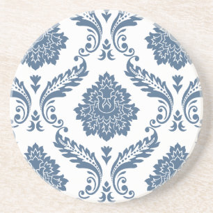Posavasos Rococo Damask Patrón Grande Azul sobre Blanco