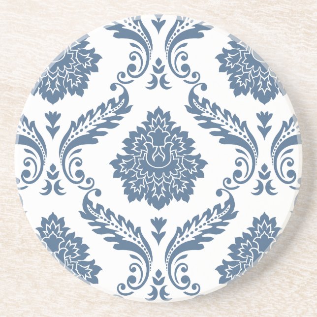 Posavasos Rococo Damask Patrón Grande Azul sobre Blanco (Frente)