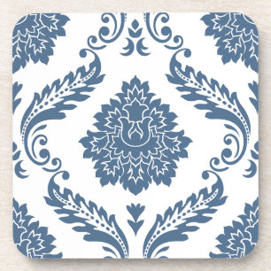 Posavasos Rococo Damask Patrón Grande Azul sobre Blanco