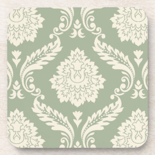 Posavasos Rococo Damask Patrón Grande Crema sobre Verde