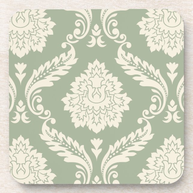 Posavasos Rococo Damask Patrón Grande Crema sobre Verde (Frente)
