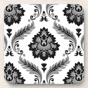 Posavasos Rococo Damask Patrón Grande Gris Negro Blanco