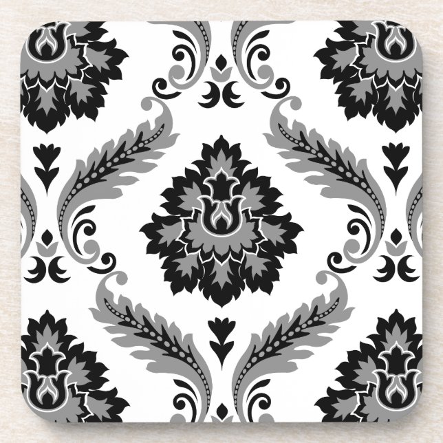 Posavasos Rococo Damask Patrón Grande Gris Negro Blanco (Frente)