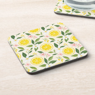 Posavasos Rodajas de limón amarillo brillante de verano y fl