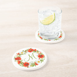 Posavasos Rojo Poppies White Yellow Daisies Flor Wreath