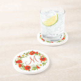 Posavasos Rojo Poppies White Yellow Daisies Flor Wreath