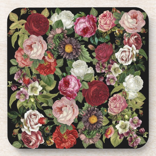 Posavasos Rojo rústico floral verde negro (Frente)