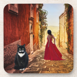Posavasos Romantic Italian Village Tuxedo Cat Coaster