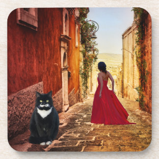 Posavasos Romantic Italian Village Tuxedo Cat Coaster