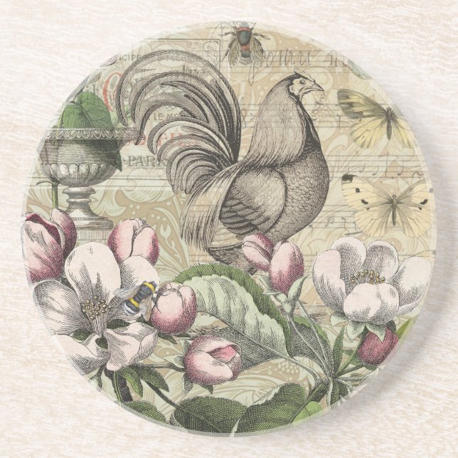 Posavasos Rooster Garden Flower Butfly Art (Frente)