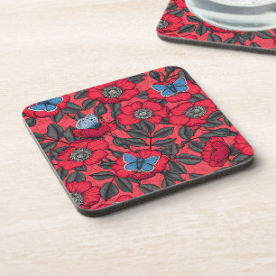 Posavasos Rosa de perro y mariposas en rojo y azul