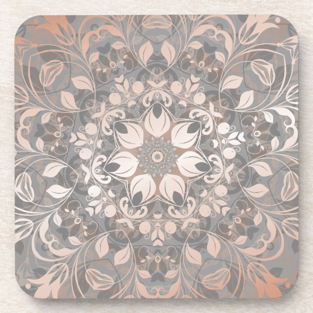 Posavasos Rosa Dorado Gris Floral Mandala (Frente)