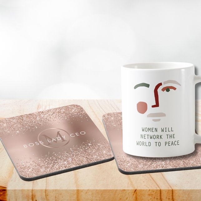 Posavasos Rosa Purpurina de oro Monogram Jefe de la CEO (Rose Gold Glitter Monogram Boss Lady CEO Beverage Coaster-2)
