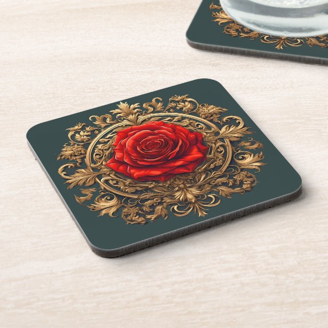 Posavasos Rosa Roja Ornamentada Con Marco Barroco Dorado (Lado Izquierdo)