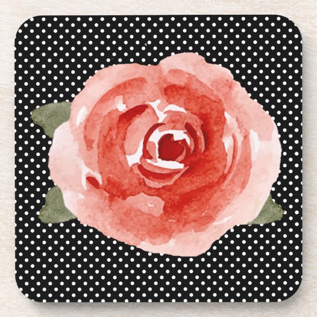 Posavasos Rosa roja sobre el punto de polka blanco y negro (Frente)