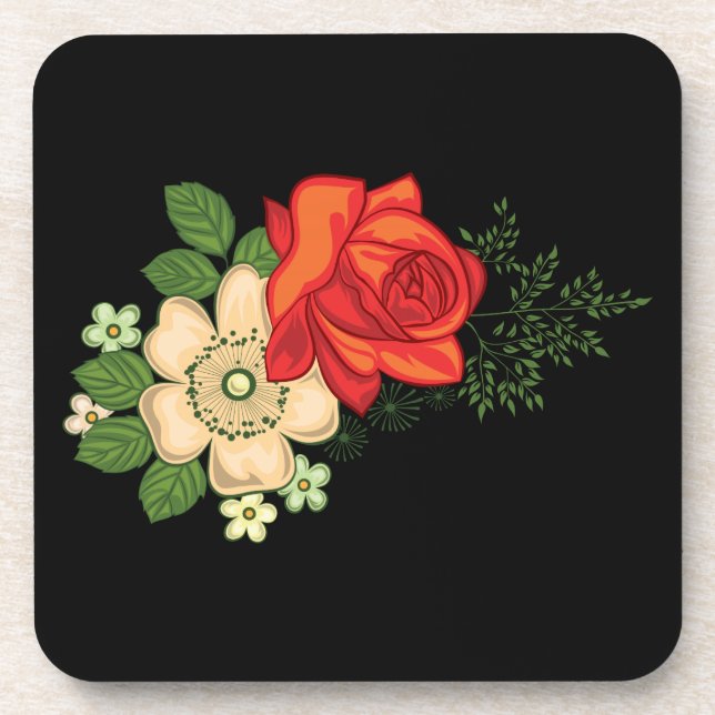 Posavasos Rosa Roja y Margaritas Fondo Negro (Frente)