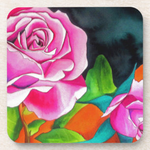 Posavasos Rosa rosa con arte acuarela naranja