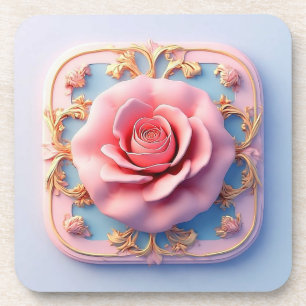 Posavasos Rosa Rosa Con Detalles Ornamentales De Oro Intrinc