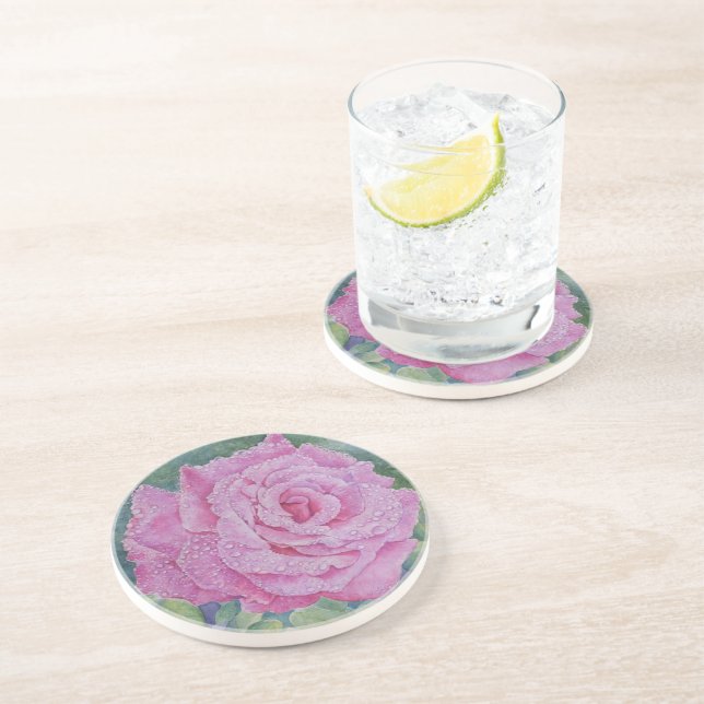 Posavasos Rosa rosa con gotas de lluvia  (Lado)