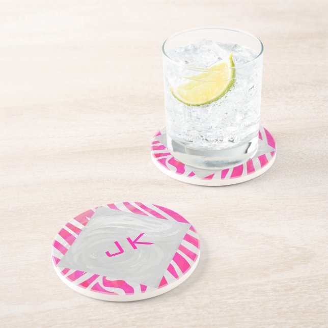 Posavasos Rosa y blanco caluroso de cebra con monograma (Lado)