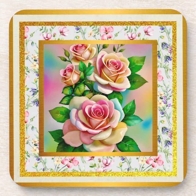 Posavasos Rosas de elegancia rosa y amarillo acuarela pastel (Frente)