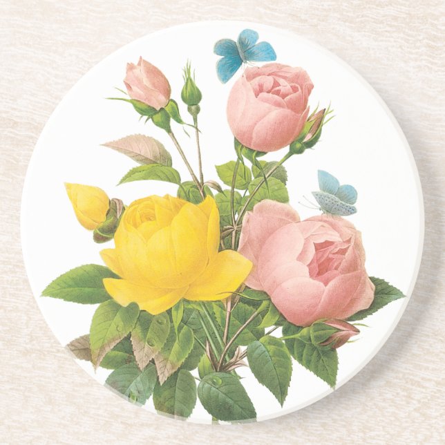 Posavasos Rosas de té rosa amarillo persa de Redoute (Frente)