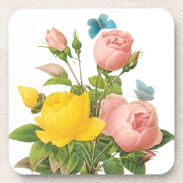 Posavasos Rosas de té rosa amarillo persa de Redoute (Frente)