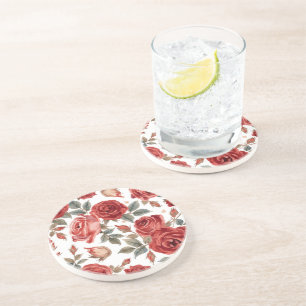 Posavasos Rosas Rojas Acuarela Floral Botánico Pintado